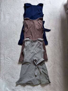 Sleeveless Wrap Tie Dress Trio - Navy, Brown, Gray